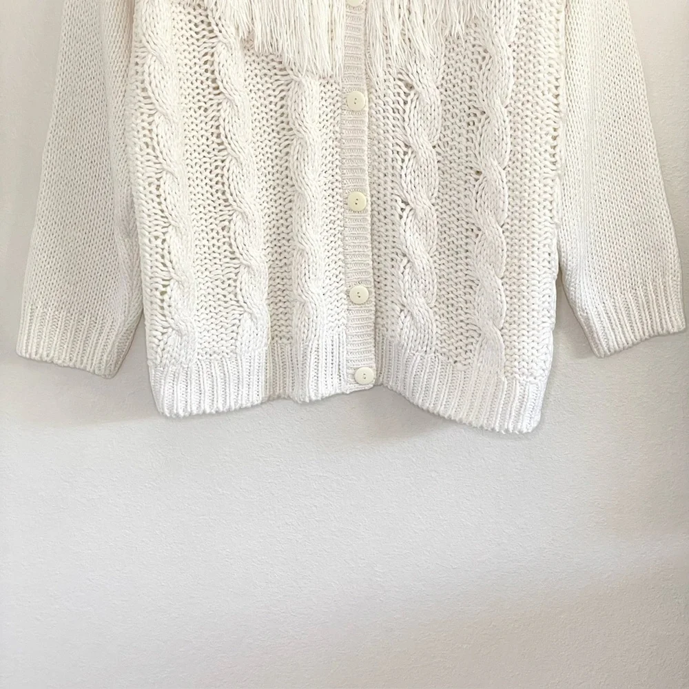 Vintage Nordic Fair Isle Fringe Yoke Cardigan Cable Knit Sweater 80s 90s Medium